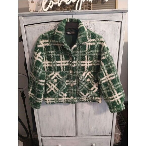 Zara  Plaid Shearling Sherpa Fleece  coat Md green Y2K Outdoorsy Cozy Preppy - Picture 1 of 9